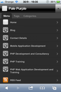 Screenshot of website menu on iPhone